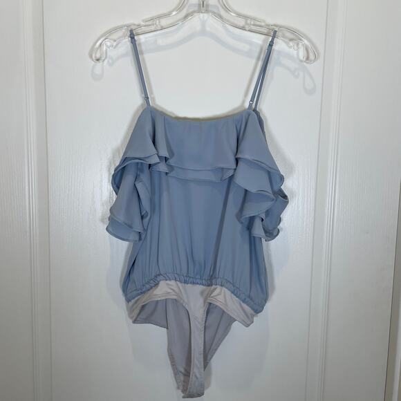 Revolve L'Academie Off the Shoulder Bodysuit Blue Ruffle Monaco S - Picture 9 of 9